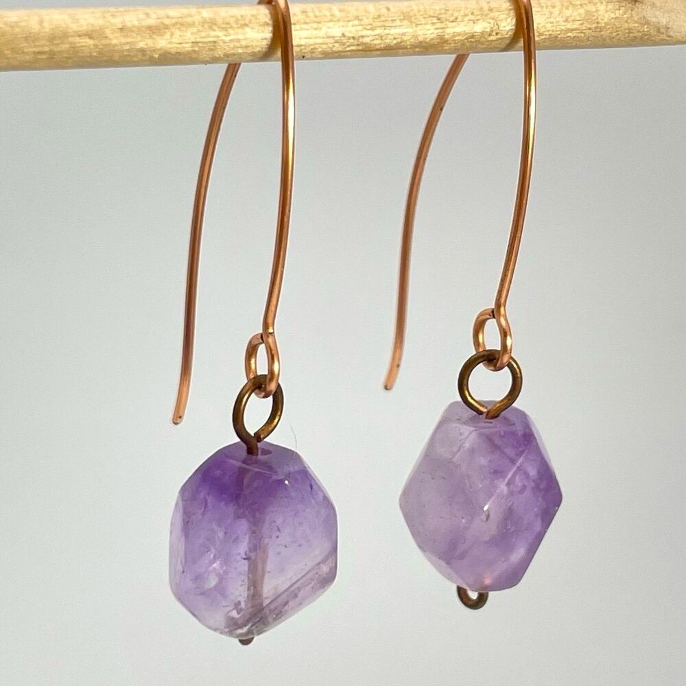 Rose Gold Tone Purple Amethyst Beaded Dangle Earrings Hook Setting Boho Cute